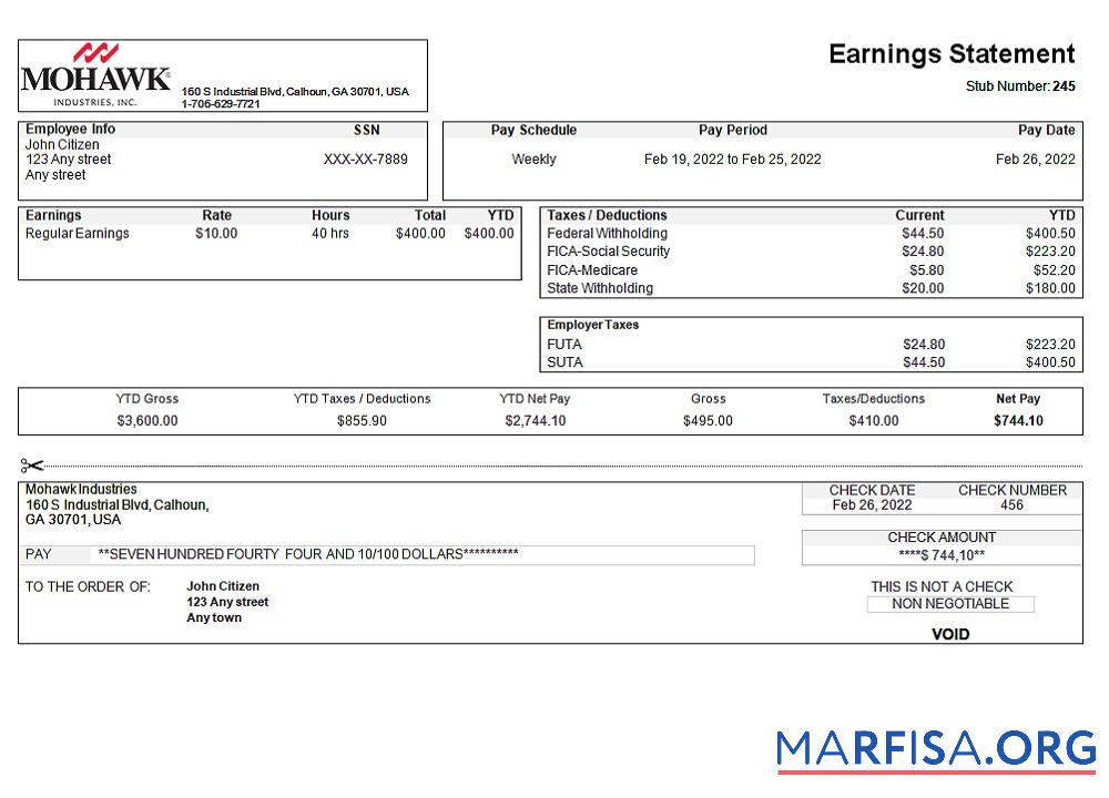 Printable USA manufacturing company earning statement template